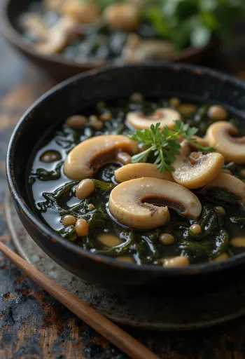 Mushroom Miyeokguk, rich and tasty Korean soup with mushrooms and seaweed.