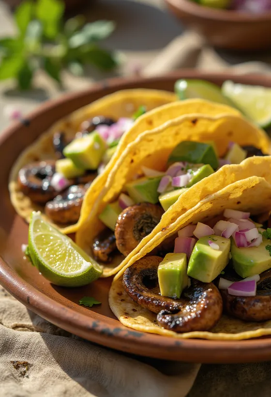 Mushroom Taco with fried spiced mushrooms, coriander and fresh vegetables
