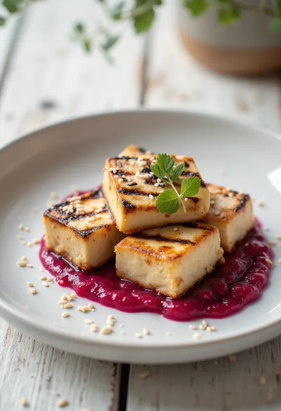 Grilled tofu with beetroot sauce