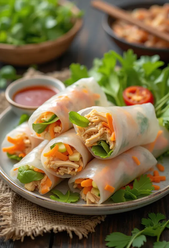 Pho cuon with spicy sauce, chicken wrapped in rice paper with vegetables and a spicy sauce