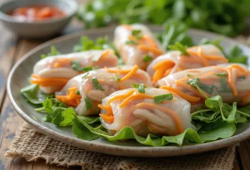 Pho cuon with spicy sauce, chicken wrapped in rice paper with vegetables and a spicy sauce