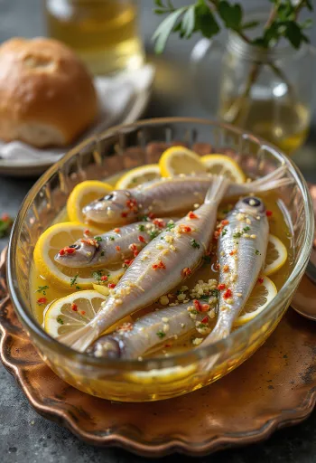 Pickled anchovies in a glass jar with lemon and spices