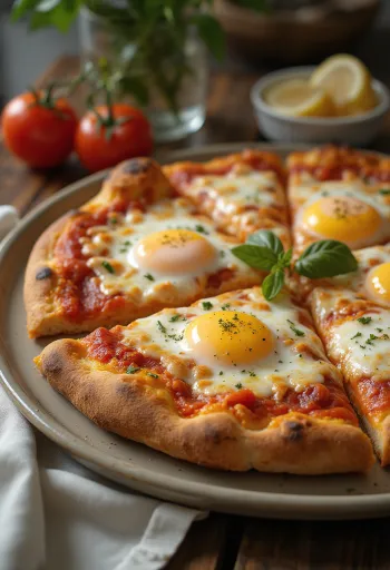 Pizza a Caballo with fried egg, thick crust and mozzarella