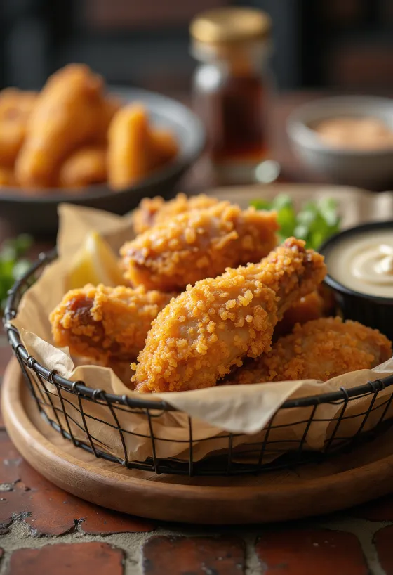 Golden fried crispy breaded chicken wings, served with fresh vegetables and dip.