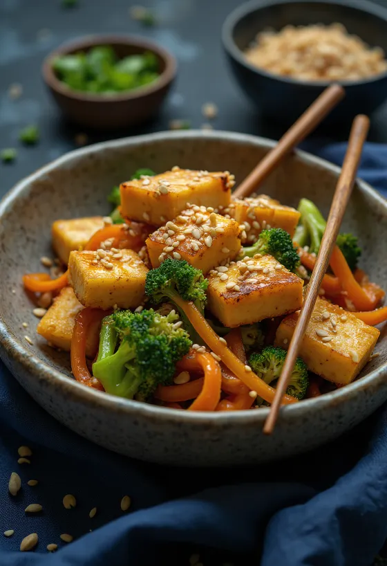 Roasted vegetable and tofu bowl served