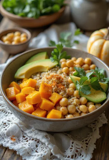 Butternut squash Buddha bowl with fresh vegetables and quinoa