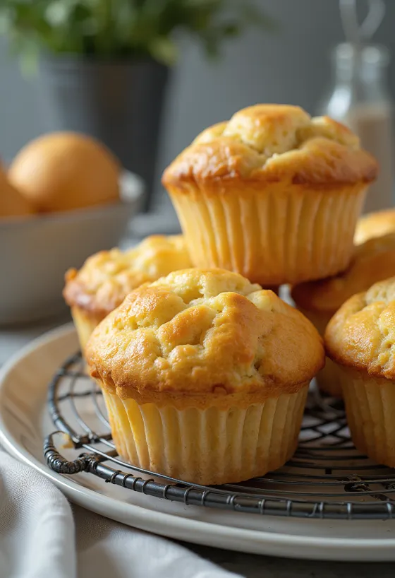 Soft curd cheese muffins baked golden brown, sprinkled with vanilla and icing sugar