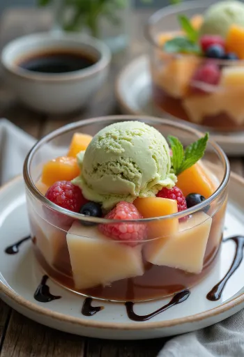Anmitsu with fruits and matcha ice cream, fresh fruits and green tea syrup