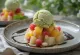 Anmitsu with fruits and matcha ice cream, fresh fruits and green tea syrup