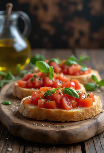 Bruschetta with tomato and basil served on a rustic plate