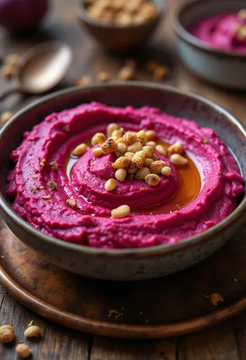 Beetroot hummus decorated with fresh parsley