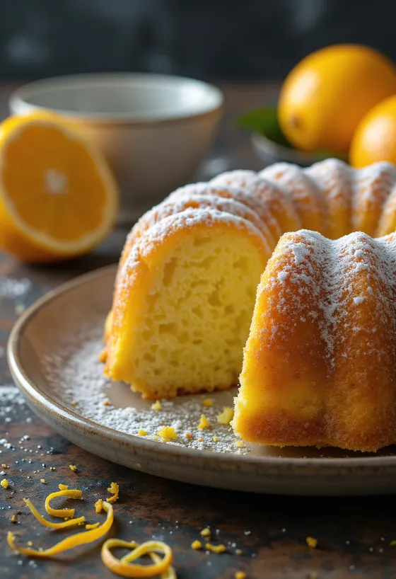 Lemon and orange Bundt cake served on a plate