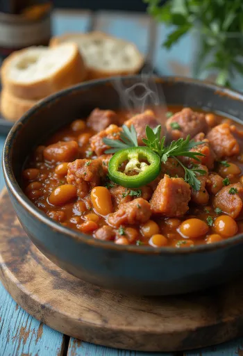 Traditional Hungarian bean goulash served rich with vegetables and meat pieces, garnished with sour cream and parsley