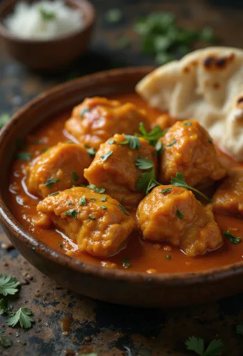 Chicken tikka masala in creamy tomato sauce, garnished with fresh coriander