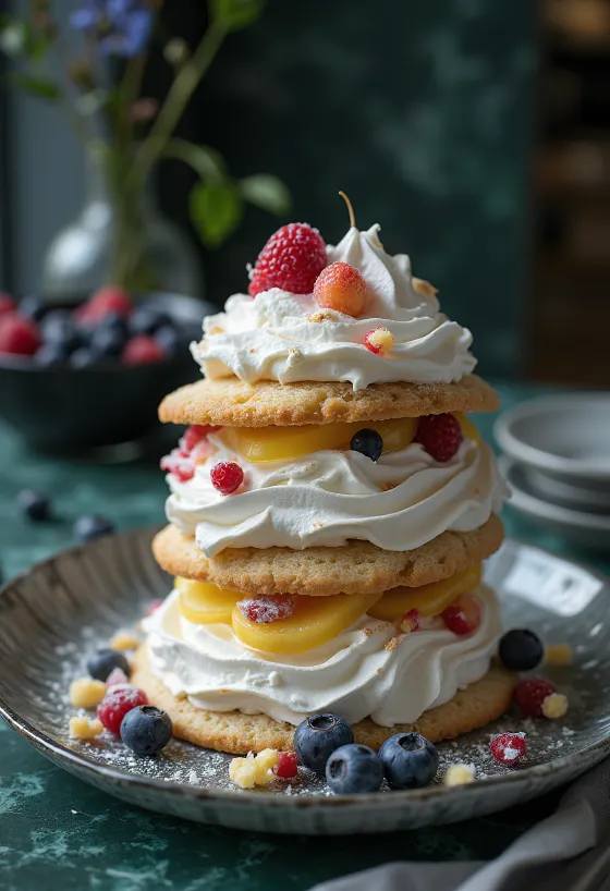 Pavlova layer cake decorated with fruit