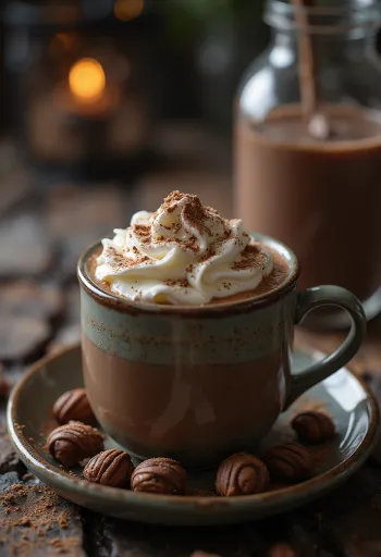 Frothy hot cocoa decorated with whipped cream and chocolate shavings