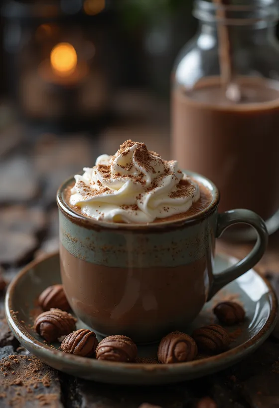 Frothy hot cocoa decorated with whipped cream and chocolate shavings