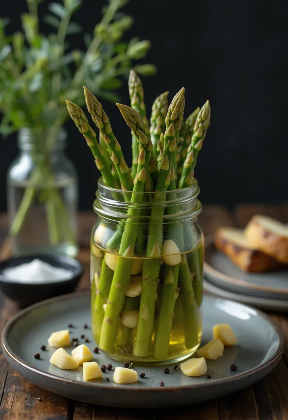 Pickled asparagus in a glass jar