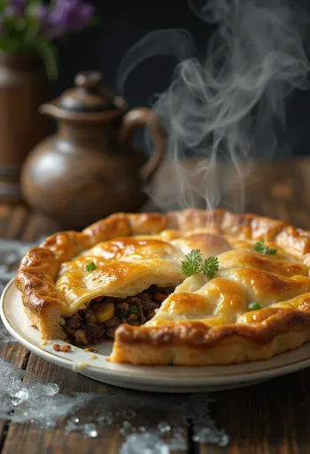 Seal flipper pie served in a rustic dish with golden puff pastry.