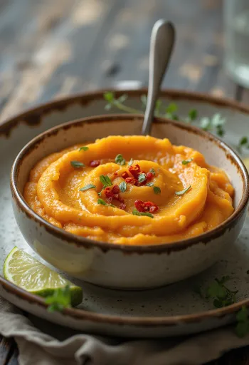 Roasted sweet potato mash with coriander served