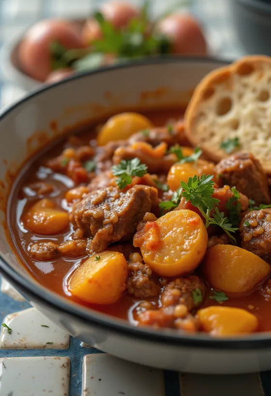 Beef goulash served in a rustic bowl