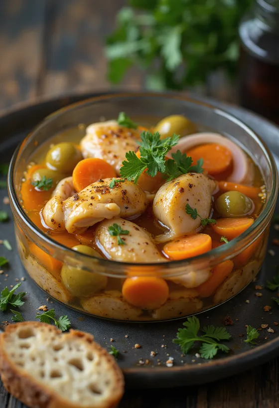 Escabeche with olives, with chicken, carrots and spices
