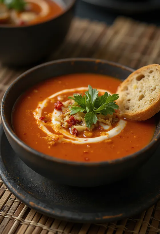 Creamy spicy tomato soup served