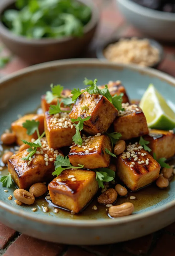 Grilled tofu with roasted peanuts
