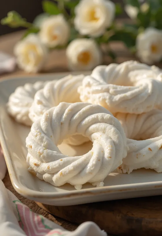 Meringue rings, crisp sugar foam rings in festive decoration
