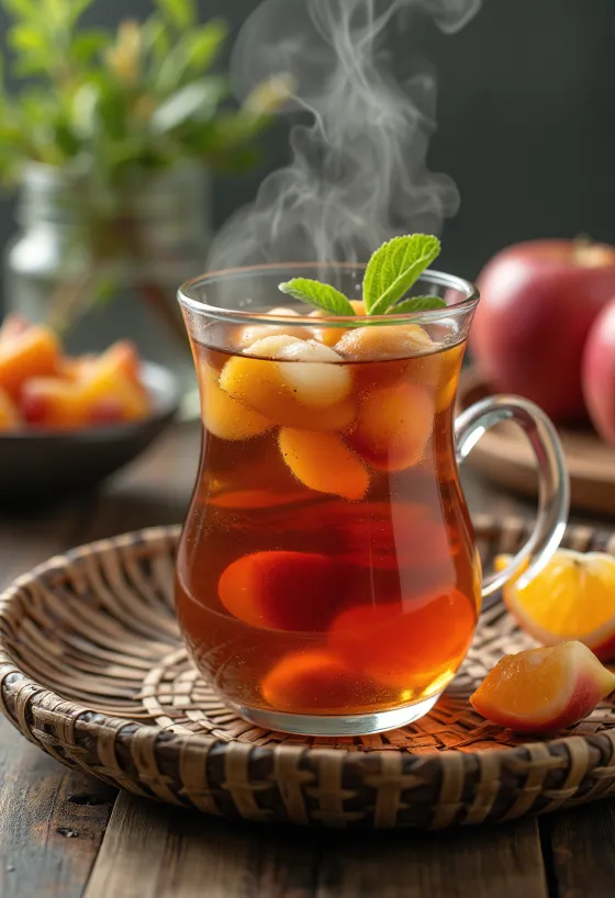 Homemade fruit tea with fresh fruits and mint