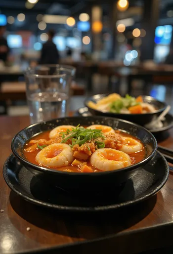 Kimchi tteokbokki - Korean rice cake served with spicy kimchi and sesame seeds
