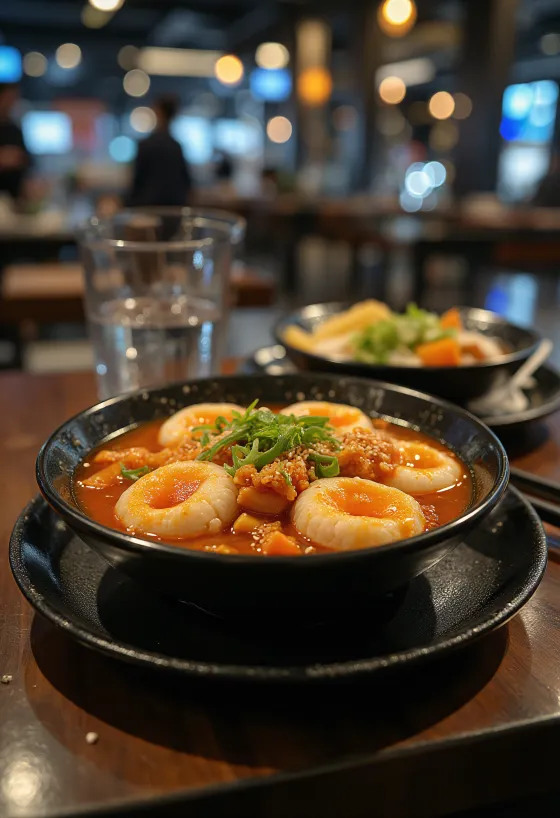 Kimchi tteokbokki - Korean rice cake served with spicy kimchi and sesame seeds