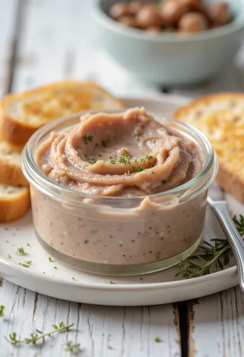 Creamy liver pâté spread on fresh bread slices, garnished with herbs.