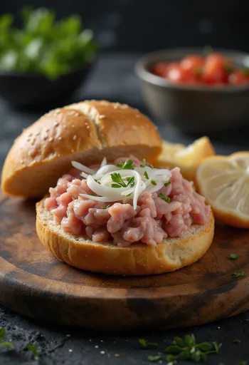 Mettbrötchen, raw minced pork on a roll with onion