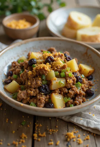 Picadillo with raisins, rich meat dish served with vegetables and raisins