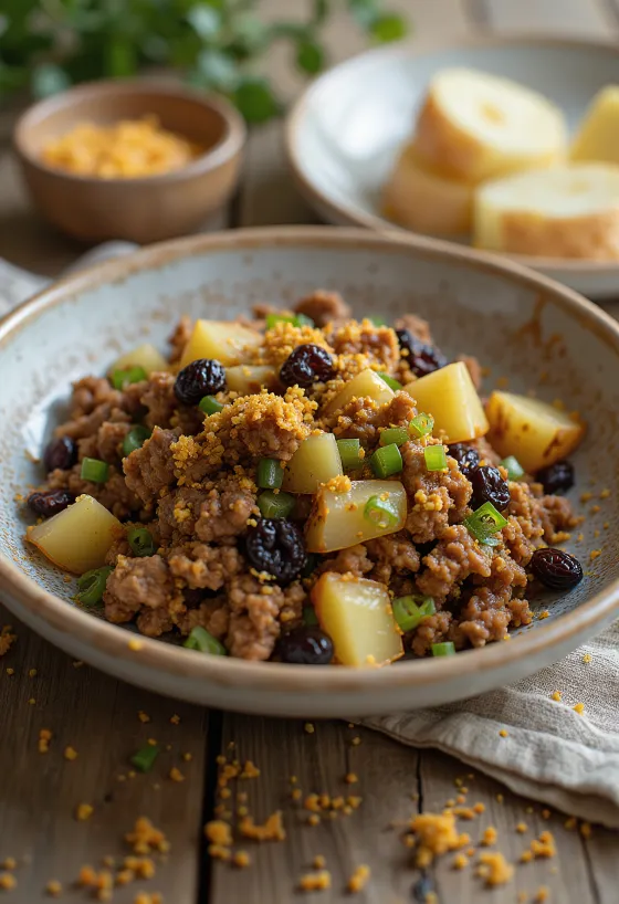 Picadillo with raisins, rich meat dish served with vegetables and raisins