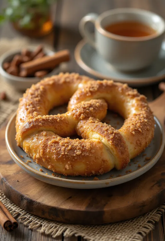 Fresh, homemade cinnamon sugar pretzels, crunchy and golden brown