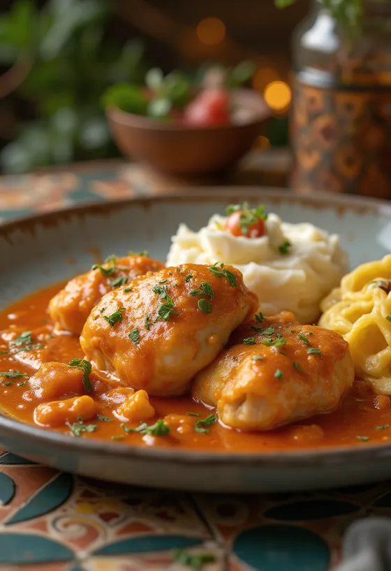Creamy chicken paprikash with juicy chicken pieces, served in a soft sour cream and paprika sauce