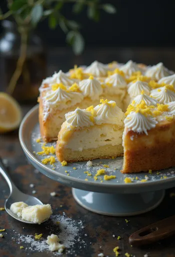 Classic curd cheese cake sprinkled with icing sugar