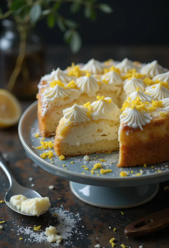 Classic curd cheese cake sprinkled with icing sugar