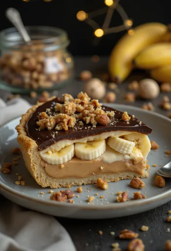 Banana and peanut butter pie decorated with chocolate and hazelnuts
