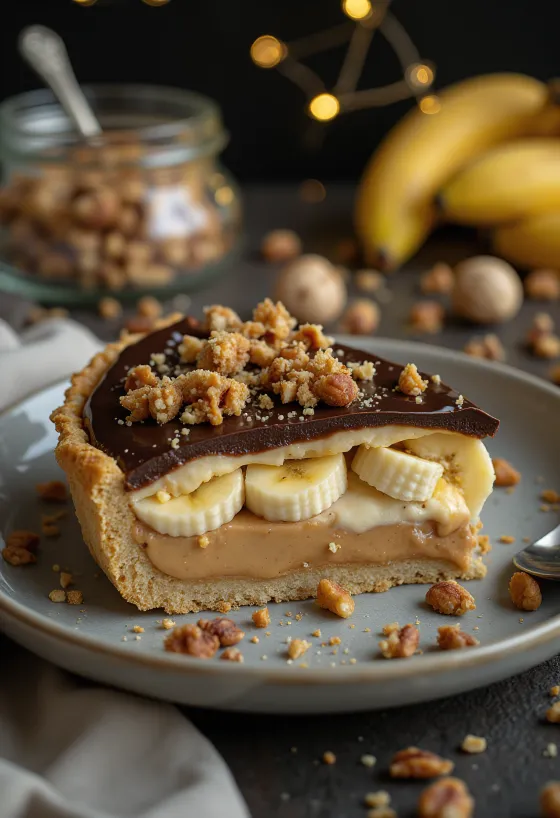 Banana and peanut butter pie decorated with chocolate and hazelnuts