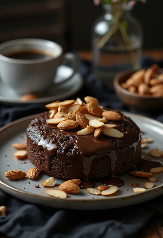 BBQ grilled chocolate and almond sponge cake served