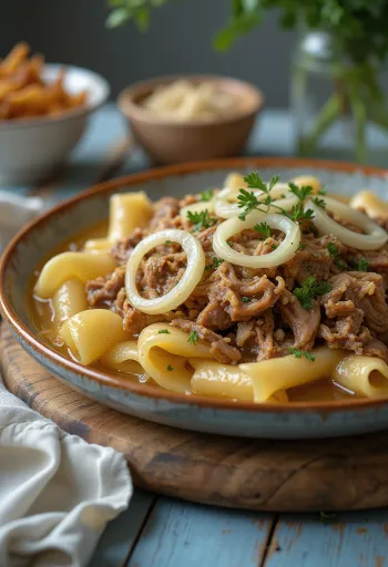 Beshbarmak with horse meat, served with fresh parsley and spring onions