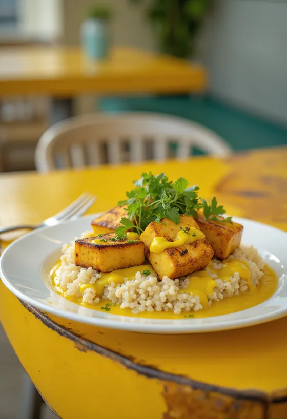 Grilled tofu and quinoa curry with tahini served