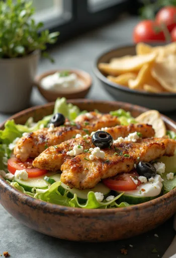 Gyros salad with fried chicken, fresh vegetables and tzatziki sauce