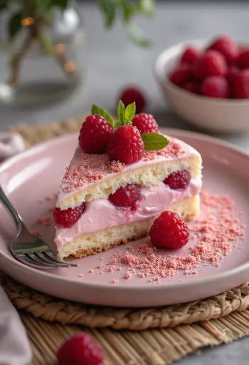 Raspberry yoghurt cake served with fresh raspberries and icing sugar