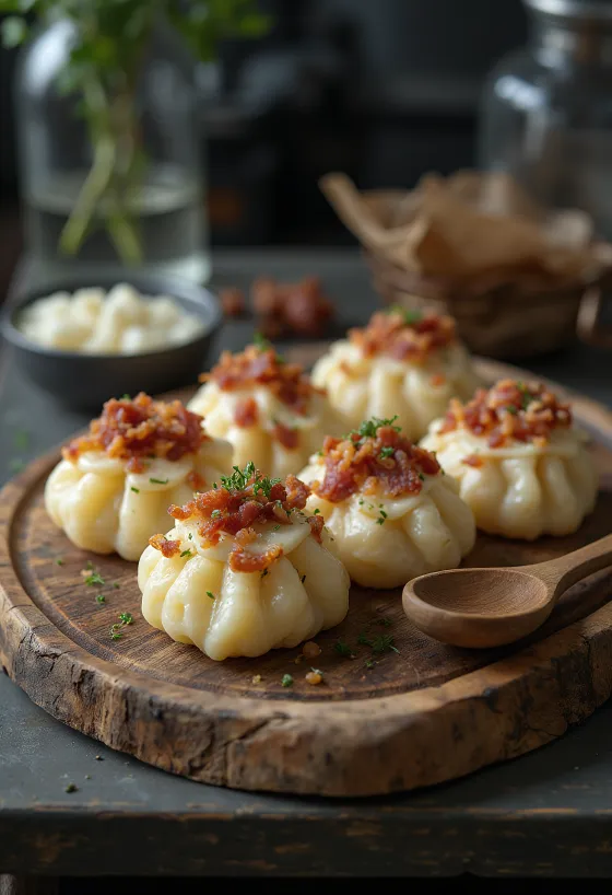 Sztrapacska with sheep's cheese served with sour cream and fried bacon.