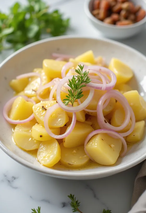 Fresh potato salad served with boiled potatoes, red onion and fresh parsley.