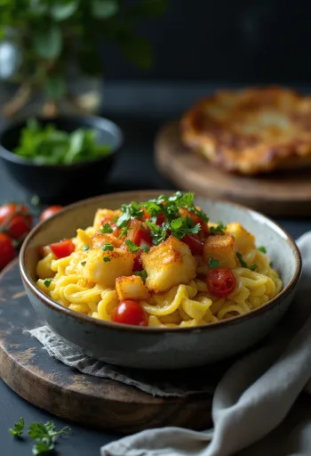 Classic Menemen with Fried Aubergine Turkish breakfast with eggs, peppers and tomatoes